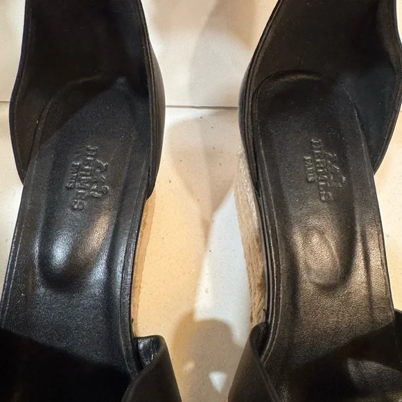 Hermes Elda Black Leather Wedge Sandals Espadrilles size 38 women’s. - Picture 4 of 7